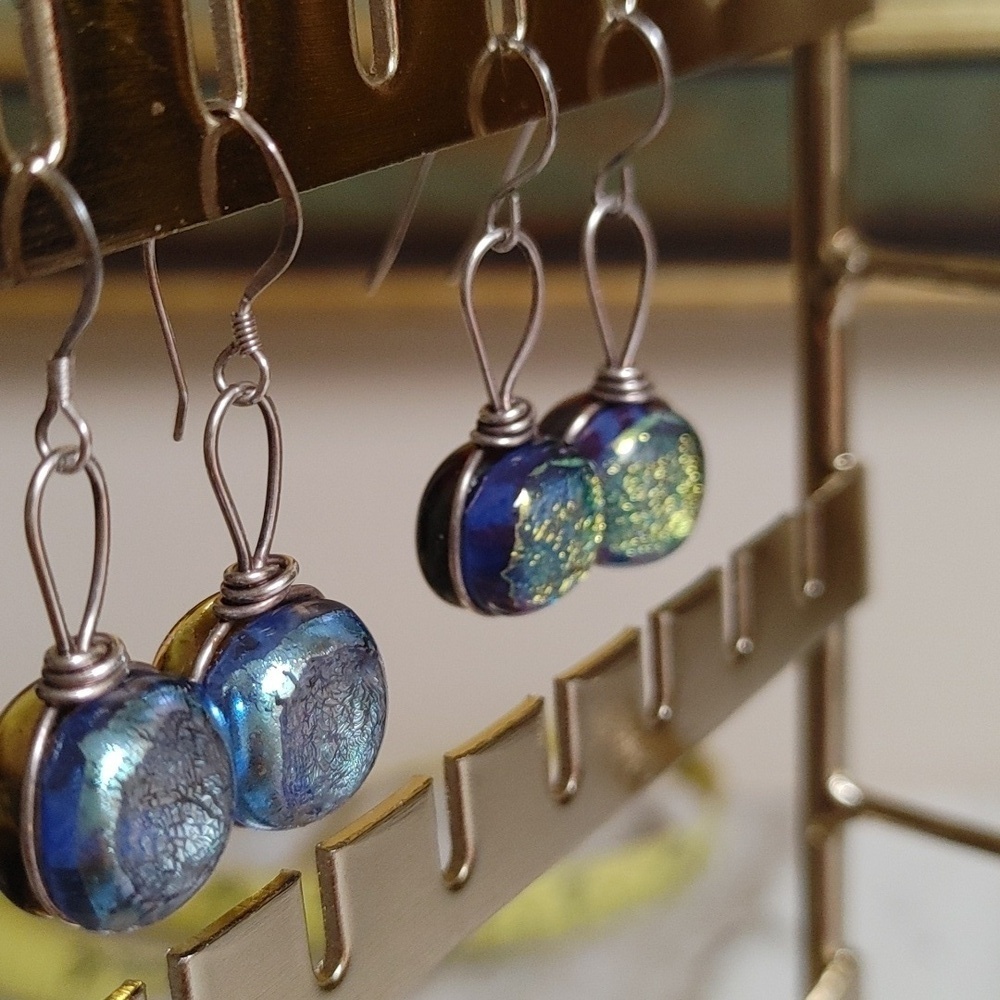 Round Dichroic Glass Sterling Wrapped Earrings - Picture 14 of 16